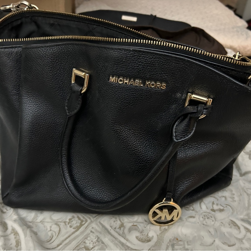 Michael Kors Black Leather Shoulder Bag with Gold Hardware